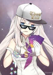  artist_name bad_id bad_twitter_id blue_eyes chains commentary deal_with_it_(meme) dollar_sign english_text fate/grand_order fate_(series) female gift_card gloves gold_chain hat itunes jewelry kaetzchen long_hair looking_at_viewer marie_antoinette_(fate) marie_antoinette_(third_ascension)_(fate) marijuana meme mlg mouth_hold necklace open_mouth peaked_cap pixelated saint_quartz_(fate) sleeveless smoking solo sparkle sunglasses thug_life twintails upper_body white_gloves white_hair 