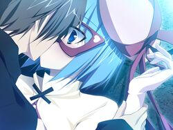  blue_eyes blue_hair blush game_cg glasses gloves kissing miyoshi_ran nimura_yuushi osananajimi_wa_daitouryou short_hair 