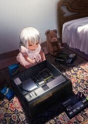  asus bed box cardboard_box commentary computer computer_building computer_tower english_commentary female highres holding indoors intel lolicon masashi_(excellent) motherboard on_floor original puffy_short_sleeves puffy_sleeves rug shadow short_sleeves solo stuffed_animal stuffed_toy teddy_bear white_hair 