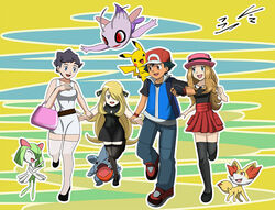  3girls age_difference age_regression bag bare_shoulders baseball_cap black_hair black_legwear blonde_hair blue_eyes breasts brown_eyes brown_hair carnet_(pokemon) celebi cleavage dark_skin dress ear fennekin fingerless_gloves full_body gible gloves grey_hair handbag happy hat hips jacket kirlia legwear light_brown_hair lips long_hair looking_at_viewer midriff multiple_girls nintendo open_mouth pikachu pleated_skirt pokemon pokemon_(anime) pokemon_(game) pokemon_xy purse satoshi_(pokemon) serena_(pokemon) shirona_(pokemon) shirt shoes short_hair skirt sleeveless sleeveless_shirt smile sneakers spiked_hair thighhighs walking younger zaizaiwangwang 