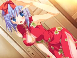  blue_eyes blue_hair blush chinese_dress game_cg miyoshi_ran nimura_yuushi osananajimi_wa_daitouryou short_hair 