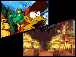  3boys building buildings cap car city claws clothes crown diddy_kong donkey_kong donkey_kong_(series) donkey_kong_country fangs fight fighting ha hat k_rool lights male male_focus mario_(series) motor_vehicle multiple_boys night nintendo no_humans open_mouth people point shocked split_screen super_mario_bros. surprised teeth vehicle 