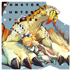  aqua_eyes aqua_footwear aqua_gloves ayuria barioth blonde_hair cape claws closed_eyes closed_mouth commentary_request copyright_name detached_sleeves dress english_text eyebrows female fingerless_gloves fur_trim fuse_ryuuta gloves hair_between_eyes monster_hunter_(series) monster_hunter_stories photoshop_(medium) ponytail sleeveless sleeveless_dress star_(symbol) swept_bangs tusks 