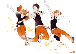  3boys :p black_hair commentary_request full_body grey_eyes haikyuu!! hat hinata_shouyou male_focus multiple_boys nishinoya_yuu orange_eyes orange_hair pants photoshop_(medium) short_hair smile tanaka_ryuunosuke tongue tongue_out white_background yasai_(getsu) 