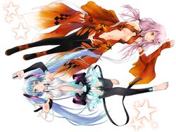  2girls alt3r aqua_eyes barefoot breasts center_opening cleavage commentary elbow_gloves gloves guilty_crown hatsune_miku hatsune_miku_(append) highres long_hair medium_breasts multiple_girls navel pink_hair red_eyes thigh_gap thighhighs twintails vocaloid vocaloid_append white_background yuzuriha_inori 