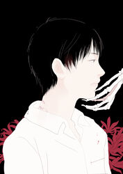  1boy black_background black_hair blood check_flower commentary flower from_side hand_on_another&#039;s_chin hickey male_focus original photoshop_(medium) re:i shirt simple_background skeletal_arm solo_focus spider_lily spot_color upper_body white_shirt 