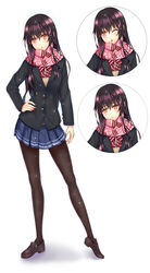  absurdres black_hair black_legwear blazer blue_skirt breasts brown_eyes closed_mouth commentary eyebrows faker_(pili524) female hand_on_own_hip highres jacket long_hair looking_at_viewer medium_breasts multiple_views one_eye_closed original pantyhose parted_lips photoshop_(medium) pink_scarf pouty_lips scarf school_uniform skirt 