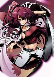  belt breasts camisole cleavage commentary_request crop_top facing_viewer female foreshortening hair_intakes hair_ribbon highres jacket jacket_on_shoulders katana large_breasts left-handed long_hair midriff navel ponytail purple_hair red_eyes ribbon shirt sideboob slit_pupils smile sword taut_clothes taut_shirt unbuttoned under_night_in-birth vermillion_dice very_long_hair weapon yuzuriha_(under_night_in-birth) 