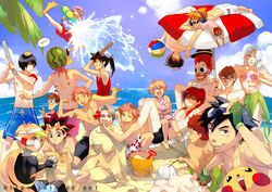  6+boys armband baseball_bat beach brothers character_request commentary copyright_request crossover dorohedoro dyed_bangs ein_lee en_(dorohedoro) food fruit gyakuten_saiban haninozuka_mitsukuni hibari_kyouya hibird himura_kenshin hitachiin_hikaru hitachiin_kaoru jonouchi_katsuya kaiba_seto katekyo_hitman_reborn! kikurage_(dorohedoro) leaf_bikini mega_man_(series) mega_man_zero_(series) miles_edgeworth multiple_boys multiple_crossover muto_yugi ocean otogi_ryuuji ouran_high_school_host_club pegasus_j_crawford photoshop_(medium) pikachu pokemon pokemon_(anime) pokemon_(creature) rurouni_kenshin sakuraba_neku satoshi_(pokemon) short_ponytail shorts siblings subarashiki_kono_sekai suikawari twins wally_(where&#039;s_wally) watermelon where&#039;s_wally yu-gi-oh! yu-gi-oh!_duel_monsters zero(z)_(mega_man) zero_(mega_man) 