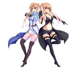  2girls black_gloves black_legwear blonde_hair blue_eyes blush boots breasts brown_footwear camera cleavage closed_mouth collarbone commentary_request derivative_work eyebrows faker_(pili524) fingerless_gloves gloves high_heel_boots high_heels highres holding holding_camera large_breasts lieselotte_sherlock long_hair looking_at_viewer multiple_girls navel no_eyewear open_mouth partial_commentary purple_eyes selina_sherlock siblings sisters smile thigh_boots thighhighs thong tongue tongue_out trinity_seven twins twintails 