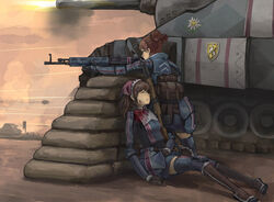  2girls alicia_melchiott armor assault_rifle bandana battle blood boots brigitte_stark brown_hair caterpillar_tracks closed_eyes commentary_request double_bun edelweiss_(senjou_no_valkyria) faulds gloves gun hair_bun injury knee_boots kurio machine_gun military military_uniform military_vehicle motor_vehicle multiple_girls pouch red_hair rifle sandbag senjou_no_valkyria_(series) senjou_no_valkyria_1 short_hair tank thighhighs uniform war weapon zettai_ryouiki 