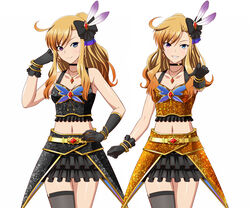  black_skirt blue_eyes commentary_request cowboy_shot female frilled_skirt frills heterochromia highres ichimedoo idol idolmaster idolmaster_(classic) idolmaster_one_for_all leon_(idolmaster) long_hair looking_at_viewer midriff miniskirt orange_hair ponytail purple_eyes skirt smile 