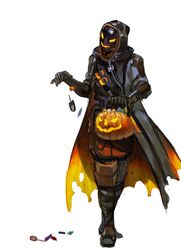  absurdres ana_(overwatch) candy coat commentary_request female food ghoul_ana glowing glowing_eyes halloween highres hood jack-o&#039;-lantern korean_commentary mask muehe official_alternate_costume overwatch overwatch_1 smile solo 