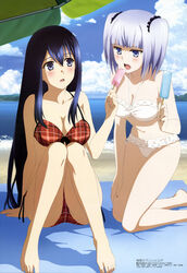  2girls absurdres ajiki_kei barefoot beach bikini black_hair blush breasts cleavage cloud day feeding food gokukoku_no_brynhildr grey_hair hair_between_eyes highres kneeling kuroha_neko large_breasts legs long_hair megami_magazine multiple_girls navel non-web_source ocean official_art open_mouth outdoors parasol plaid plaid_bikini popsicle short_hair side-tie_bikini_bottom sitting sky swimsuit tokou_nanami twintails umbrella water white_bikini 