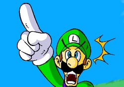  1boy blue_eyes cap facial_hair hat lowres luigi male male_focus mario_(series) moustache nintendo open_mouth point shocked sky solo super_mario_bros. surprised suspenders teeth 