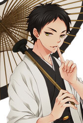  1boy akaashi_keiji black_hair commentary finger_to_mouth haikyuu!! image_sample japanese_clothes kimono looking_at_viewer male_focus oil-paper_umbrella pixiv_sample rio_(rio_01) smile solo umbrella yellow_eyes 