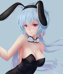  animal_ears bare_shoulders black_leotard blue_hair blush bow bowtie breasts cleavage closed_mouth collarbone commentary_request eyebrows fake_animal_ears faker_(pili524) female hairband highres large_breasts leotard long_hair looking_at_viewer photoshop_(medium) pink_eyes playboy_bunny rabbit_ears senki_zesshou_symphogear solo upper_body white_bow white_bowtie yukine_chris 