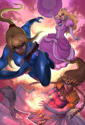  3girls armor awesome blonde_hair blue_eyes gun kuroi-tsuki magic mario_(series) metroid multiple_girls nintendo pointy_ears ponytail power_suit princess princess_peach princess_zelda samus_aran sunset super_mario_bros. the_legend_of_zelda umbrella weapon 