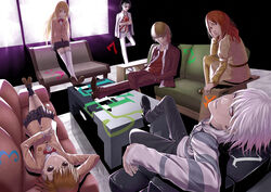  3boys 3girls absurdres accelerator_(toaru_majutsu_no_index) albino bad_id bad_pixiv_id black_eyes black_hair blazer bleachist blonde_hair bow bowtie brown_eyes brown_hair choker coin couch dress emblem gloves hair_ornament hairpin headband highres indoors jacket kakine_teitoku level_5_(toaru) long_hair lying medium_hair misaka_mikoto mugino_shizuri multiple_boys multiple_girls pantyhose photoshop_(medium) pleated_skirt red_bow red_bowtie red_eyes rising_sun_flag school_emblem school_uniform shokuhou_misaki sitting skirt slouching sogiita_gunha sparkling_eyes sunburst symbol-shaped_pupils thighhighs toaru_majutsu_no_index tokiwadai_school_uniform white_gloves white_hair white_thighhighs window winter_uniform yellow_eyes 