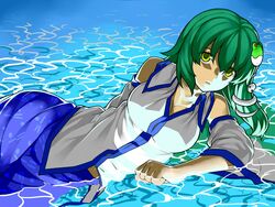  bad_id bad_pixiv_id bare_shoulders breasts cleavage detached_sleeves female frog_hair_ornament green_eyes green_hair hair_ornament hair_tubes harumaki-0327 kochiya_sanae long_hair lying medium_breasts on_side partially_submerged skirt snake solo touhou water 