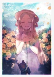  abigail_williams_(fate) belt closed_eyes cloud collar commentary_request damaged fate/grand_order fate_(series) female flower hand_on_own_chest hat highres mxyamyam open_mouth parted_bangs petals rose rose_petals sky smile stuffed_animal stuffed_dog stuffed_toy stuffing yellow_flower 