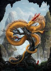  2017 ambient_bird ambient_flier ambient_silhouette ambiguous_gender anthro asian_mythology avian bird closed_eyes clothed clothing day detailed detailed_background digital_media_(artwork) dragon east_asian_mythology eastern_dragon feral fog group hair hi_res horn mane mountain mythological_creature mythological_scalie mythology nature orange_hair oskolok outside plant red_nose resting robe scales scalie silhouette sky solo_focus standing tail tail_tuft tree tuft waterfall whiskers yellow_body yellow_scales 