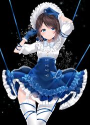  arms_up black_background blue_bow blue_dress blue_eyes blue_gloves blue_ribbon bonnet bow brown_hair commentary_request dress dress_bow emma_woods emma_woods_(boudoir_dream) female freckles frilled_dress frills garter_straps gloves hat highres identity_v kanjyu0919 looking_at_viewer official_alternate_costume ribbon short_hair solo standing thighhighs water_drop white_thighhighs 