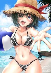  absurdres animal_print ball beach beachball bikini blue_sky breasts cleavage cloud collarbone commentary_request cowboy_shot day eyepatch female foreshortening green_eyes green_hair hat highres kantai_collection kiso_(kancolle) looking_at_viewer medium_breasts navel outdoors outstretched_arms palm_tree rock short_hair side-tie_bikini_bottom sky solo straw_hat swimsuit tiger_print tree waves yaegashi_(muzzuleflash) 