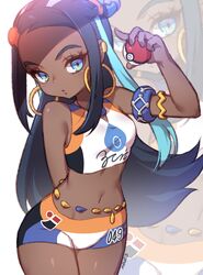  aqua_eyes aqua_hair armlet bare_shoulders belly_chain commentary_request cowboy_shot crop_top dark-skinned_female dark_skin earrings female hair_ornament highres holding holding_poke_ball hoop_earrings jewelry konbu_(hida123) long_hair midriff navel nessa_(pokemon) poke_ball poke_ball_(basic) pokemon pokemon_swsh shorts solo sports_bra sportswear 