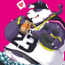  1:1 2019 alp_(tas) anthro bear belly beverage bubble_tea closed_eyes clothing fur giant_panda hands-free_bubble_tea hat headgear headwear hi_res humanoid_hands lifewonders male mammal meme overweight overweight_anthro overweight_male purple_body purple_fur shirt simple_background solo tokyo_afterschool_summoners topwear yuuya333 