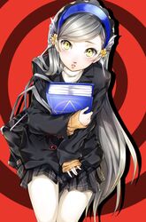  black_jacket black_skirt blue_hairband borrowed_clothes commentary female grey_hair hairband highres holding jacket lavenza_(persona_5) long_hair long_sleeves looking_at_viewer miniskirt nakano_maru persona persona_5 pleated_skirt red_background school_uniform shuujin_academy_school_uniform skirt solo swept_bangs very_long_hair yellow_eyes 