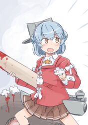  :d blood blood_on_weapon blood_splatter blue_hair brown_skirt brown_socks commentary_request cosplay double_bun enjaku_izuku fangs feet_out_of_frame female flight_deck hair_bun highres japanese_clothes kantai_collection kariginu knee_up kneehighs light_blush long_sleeves looking_to_the_side machinery open_mouth pleated_skirt red_shirt ryuujou_(kancolle) ryuujou_(kancolle)_(cosplay) samuel_b._roberts_(kancolle) shikigami shirt short_hair skin_fangs skirt smile socks solo standing star_(symbol) visor_cap weapon white_background yellow_eyes 