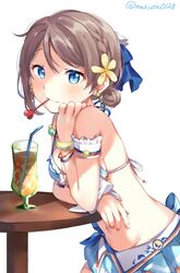  arm_rest armband bad_id bad_twitter_id bangle bendy_straw bikini bikini_skirt bikini_top_only blue_eyes blush bow bow_bikini bracelet braid breasts cup drinking_glass drinking_straw earrings elbow_rest female flower grey_hair hair_flower hair_ornament hand_on_own_face heart highres jewelry looking_at_viewer love_live! love_live!_sunshine!! makura_(makura0128) medium_breasts mouth_hold navel sideboob signature simple_background solo swimsuit table tropical_drink watanabe_you white_background wristband yellow_flower 