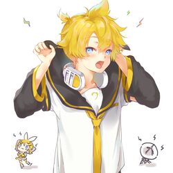  1boy :3 antennae arm_warmers bad_id bad_twitter_id bass_clef blonde_hair blue_eyes blush chibi collar commentary female hands_up headphones headphones_around_neck highres holding holding_collar kagamine_len kagamine_rin lightning_bolt_symbol looking_at_viewer neckerchief necktie open_mouth oyamada_gamata sailor_collar sailor_collar_lift school_uniform shirt short_hair short_sleeves spiked_hair vocaloid white_shirt yellow_neckerchief yellow_necktie 