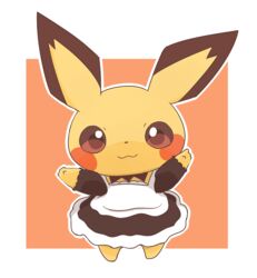  clothing feral fur generation_2_pokemon looking_at_viewer maid_uniform mei_(artist) nintendo pichu pokemon pokemon_(species) solo standing uniform yellow_body yellow_fur 