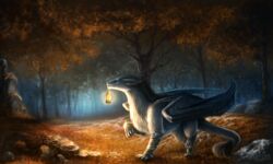  2019 5:3 detailed_background digital_media_(artwork) dragon feral forest fur furred_dragon furred_scalie grass hi_res hydlunn lamp lantern membrane_(anatomy) membranous_wings mythological_creature mythological_scalie mythology outside plant ragnir_vuko rock scalie solo tail tree white_body white_fur wings 