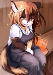  2019 anthro blush breasts brown_body brown_eyes brown_fur brown_hair calico_cat chest_tuft clothed clothing cute_fangs domestic_cat dress felid feline felis female fluffy fluffy_tail fur hair handbag happy hi_res inner_ear_fluff inside kagarimachi_ame kemono long_hair looking_at_viewer mammal mottled nekotsuki_kohime open_mouth piebald portrait solo tail three-quarter_portrait translucent translucent_hair tuft white_body white_fur 