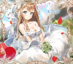  bare_shoulders blue_eyes blurry blurry_background blush border breasts bridal_veil brown_hair character_name cleavage collarbone commentary_request dress female flower girls&#039;_frontline heart holding holding_flower kian korean_commentary large_breasts long_hair looking_at_viewer official_alternate_costume petals sitting smile solo suomi_(blissful_mission)_(girls&#039;_frontline) suomi_(girls&#039;_frontline) veil wedding_dress 