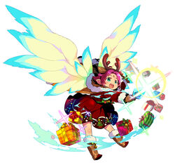  absurdres antlers bell boots bow box brown_gloves cape dragon_wings dress facial_mark fae_(fire_emblem) fae_(winter)_(fire_emblem) female fire_emblem fire_emblem:_the_binding_blade fire_emblem_heroes forehead_mark full_body fur_trim gift gift_box gloves green_eyes highres himukai_yuuji horns leg_up long_sleeves official_art open_mouth outstretched_arm photoshop_(medium) pointy_ears purple_hair reindeer_antlers short_hair simple_background solo white_background wings 