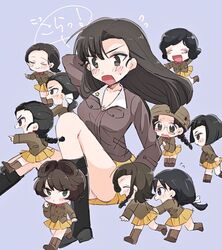  6+girls black_hair blunt_bangs blush braid breasts brown_eyes character_request chibi cleavage closed_eyes collarbone commentary_request fukuda_haru girls_und_panzer green_eyes hair_ribbon hamada_kiyo hat helmet herox116 hosomi_shizuko ikeda_emi kubota_rin long_hair long_sleeves multiple_girls nagura_setsuko nishi_kinuyo nishihara_yasoko open_mouth pleated_skirt ponytail protected_link purple_background ribbon simple_background sitting skirt sweatdrop tamada_tamaki teramoto_tomiko thighs tied_hair tongue yellow_skirt 