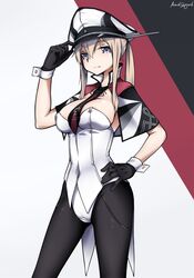  adapted_costume areola_slip armedshipyard between_breasts black_gloves black_pantyhose blonde_hair breasts capelet celtic_knot commentary_request cowboy_shot cross female gloves graf_zeppelin_(kancolle) grey_eyes hair_between_eyes hand_on_own_hip hat highres iron_cross kantai_collection leotard long_hair multicolored_background necktie necktie_between_breasts pantyhose peaked_cap playboy_bunny sidelocks solo standing strapless strapless_leotard tsurime twintails white_background white_hat white_leotard 