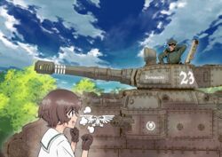  1boy absurdres akiyama_yukari arm_behind_head artificial_eye baneblade blouse blue_sky brown_eyes brown_gloves brown_hair character_request clenched_hands cloud cloudy_sky commentary commission crossover drooling english_commentary female girls_und_panzer gloves hat highres mechanical_eye messy_hair military military_uniform military_vehicle motor_vehicle neckerchief ooarai_school_uniform outdoors peaked_cap puff_of_air saliva school_uniform second-party_source serafuku shirt short_hair sky smile tank tree uniform vidarart vietnamese_commentary warhammer_40k white_shirt 