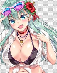  :d adjusting_eyewear akizuki_akina aqua_hair bikini black_bikini blue_eyes blush breasts checkered_background choker cleavage collarbone collared_shirt commentary_request eyewear_on_head fake_transparency female flower hair_flower hair_ornament hairclip head_tilt hibiscus highleg highleg_bikini jewelry kantai_collection large_breasts long_hair looking_at_viewer necklace open_mouth shiny_skin shirt shirt_tug skindentation smile solo sunglasses suzuya_(kancolle) swimsuit tied_shirt tinted_eyewear upper_body white_shirt 