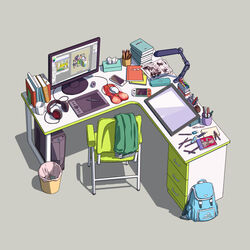  backpack bad_id bad_pixiv_id bag beige_background book bookend box breast_mousepad cable chair chinese_commentary commentary_request computer computer_mouse cup day desk desk_lamp drawing drawing_equipment drawing_tablet eraser fish.boy game_console glasses_case handheld_game_console headphones highres indoors ink_bottle jacket lamp light_box monitor mousepad_(object) neon_genesis_evangelion no_humans notebook office original paper pen phone photoshop_(medium) plugsuit rebuild_of_evangelion recursion red_hair room simple_background souryuu_asuka_langley stylus tissue tissue_box trash_can wacom 