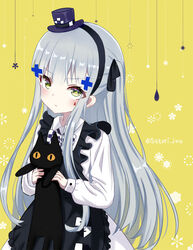  animal apron black_apron black_cat black_hairband blush bow checkered_bow checkered_clothes collared_shirt commentary_request facial_mark feline female frilled_apron frills girls&#039;_frontline grey_hair hair_ornament hairband hat hk416_(black_kitty&#039;s_gift)_(girls&#039;_frontline) hk416_(girls&#039;_frontline) holding holding_animal holding_cat long_hair long_sleeves looking_at_viewer mini_hat official_alternate_costume purple_headwear satori_(ymoy) shirt skirt solo tilted_headwear twitter_username very_long_hair white_shirt white_skirt yellow_background yellow_eyes 