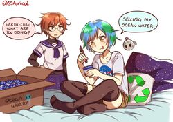  2girls arrow_(symbol) bath_water_(meme) belle_delphine blue_hair blue_skirt blush box brown_hair brown_shorts bsapricot cardboard_box commentary earth-chan english_text glasses indian_style marker mars-chan meme messy_hair multiple_girls nasa_logo original recycling_symbol short_hair shorts sitting skirt sweatdrop thighhighs thighs tongue tongue_out twitter_username white_background yellow_eyes 