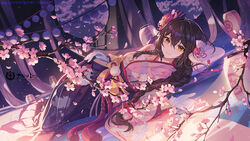  anthro azur_lane braids brown_hair cherry_blossoms criin_(659503) fan flowers gloves horns japanese_clothes kimono logo long_hair mikasa_(azur_lane) orange_eyes watermark 