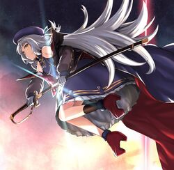  azur_lane bare_shoulders beret blunt_bangs breasts commentary_request female gloves hat holding holding_sword holding_weapon lefthand long_hair long_sleeves looking_at_viewer off_shoulder sheath small_breasts solo sword unsheathing very_long_hair weapon white_gloves white_hair yellow_eyes z46_(azur_lane) 