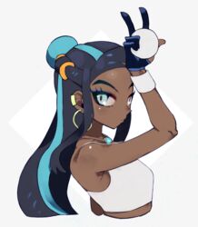  arm_up bare_shoulders black_gloves black_hair blue_eyes blue_hair closed_mouth commentary_request crop_top cropped_torso dark-skinned_female dark_skin earrings eyeliner female gloves hoop_earrings jewelry long_hair makeup multicolored_hair necklace nessa_(pokemon) onikuman partially_fingerless_gloves pokemon pokemon_swsh sidelocks solo streaked_hair two-tone_hair upper_body wristband 