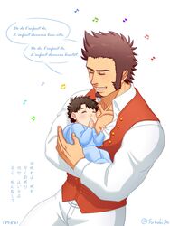  2boys baby baby_carry black_hair blush brown_hair carrying closed_eyes commentary facial_hair fate/grand_order fate_(series) fatherly fujimaru_ritsuka_(male) goatee highres long_sideburns long_sleeves lyrics male_focus multiple_boys music napoleon_bonaparte_(fate) pants pectorals scar short_hair sideburns simple_background singing smile suzuki80 toned toned_male translated 